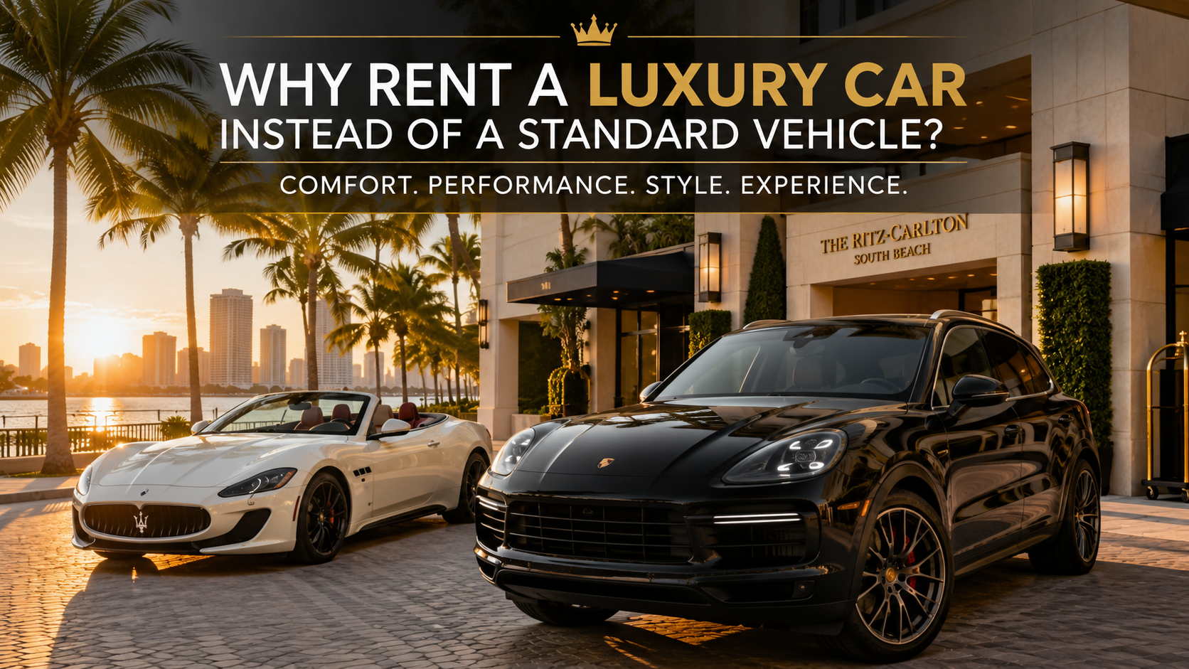 Luxury SUV and convertible parked in front of a luxury Miami hotel.