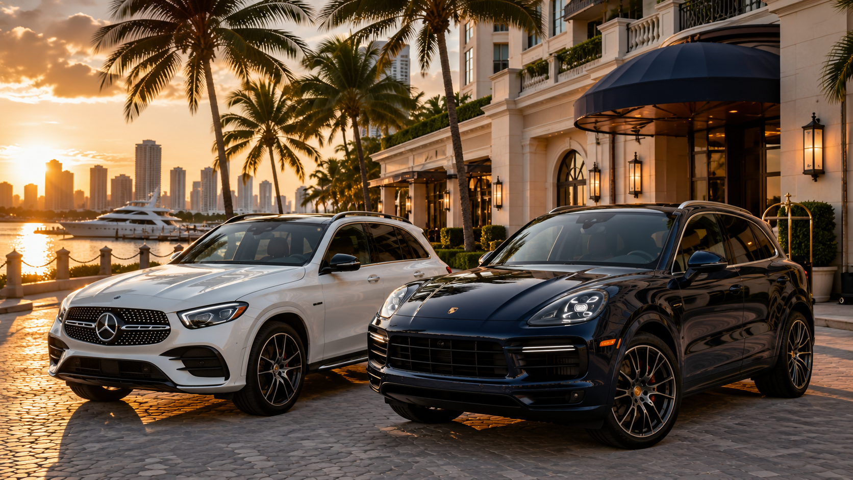 Luxury SUVs parked in front of a waterfront hotel in Miami at sunset.
