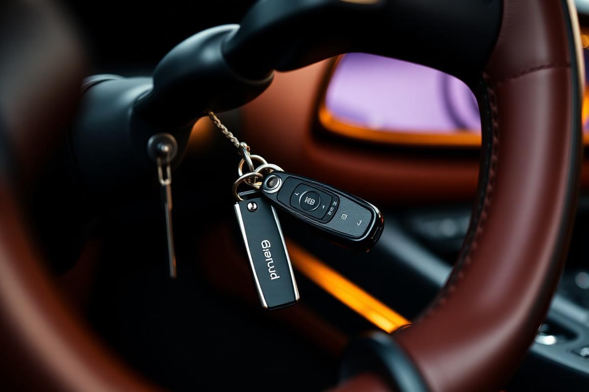 Luxury car key resting on a leather steering wheel