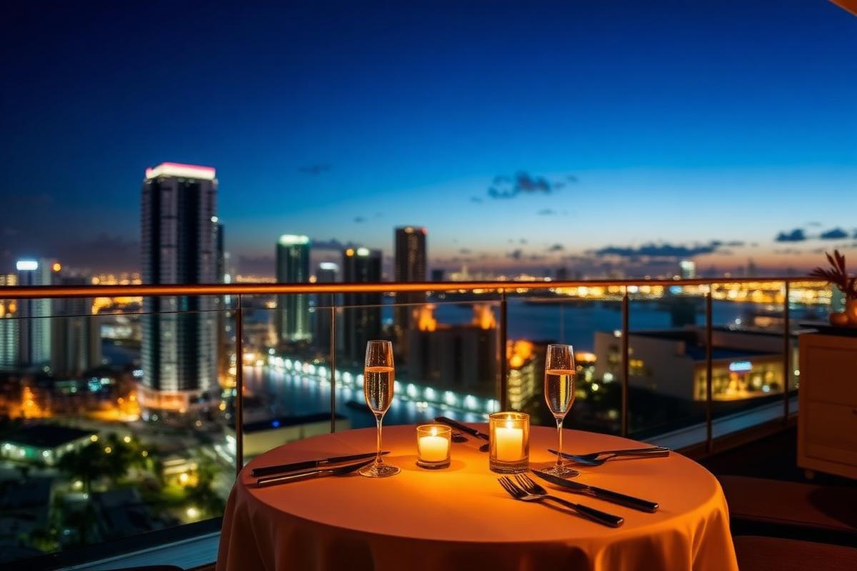 Candlelit rooftop dinner table overlooking the Miami skyline