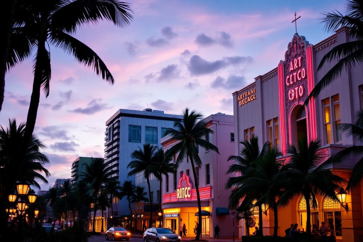 Art deco buildings and palm trees along Miami Beach at dusk