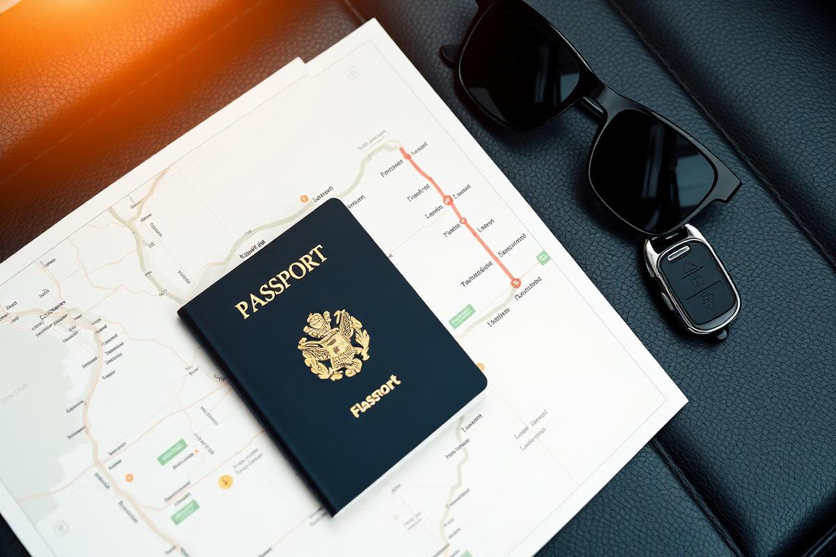 Passport, sunglasses and car keys arranged on a leather surface